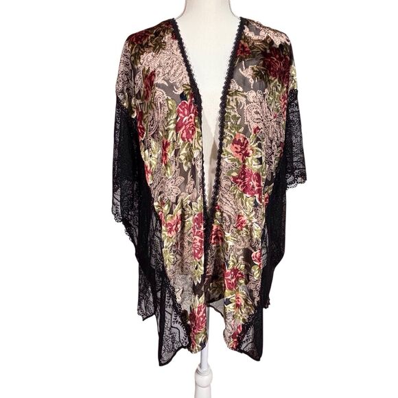 POL Velvet Burnout Kimono Black Lace Floral S/M Small Medium Bohemian Whimsigoth - Picture 1 of 10
